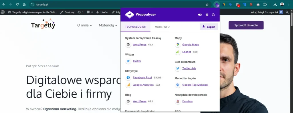 Podgląd menu wtyczki do chrome - Wappalyzer