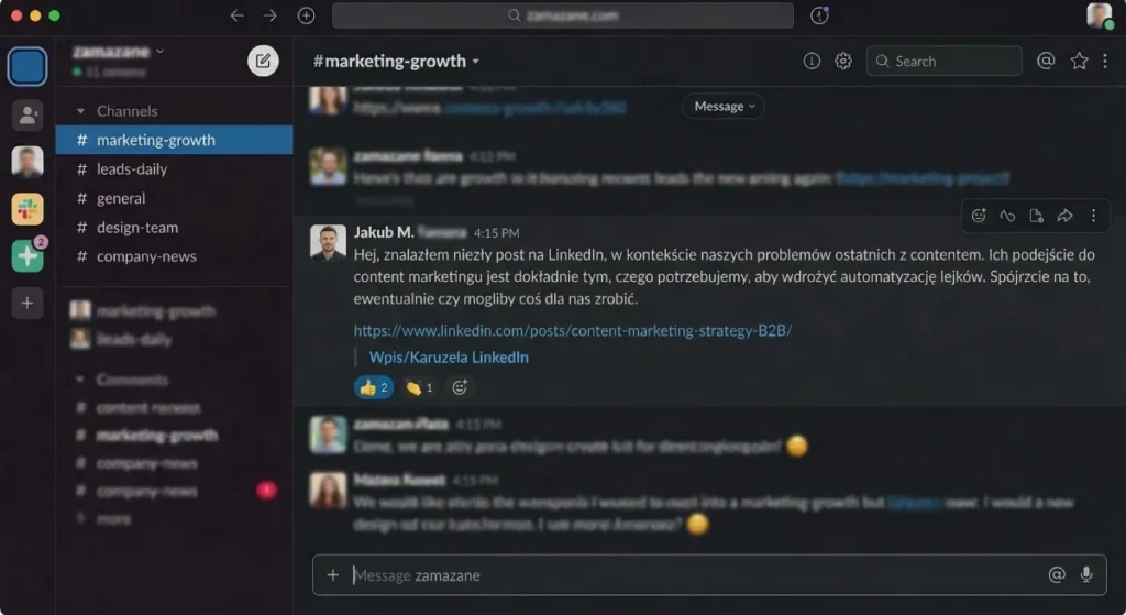 Screen ze slacka o Twoim wpisie na linkedinie do zespołu marketingu i zespołu Growth