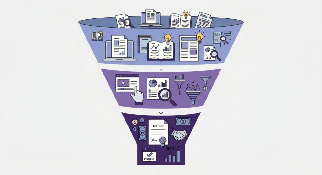 Lejek marketingowy B2B dzielący intencje wyszukiwania na informacyjne na górze lejka (blog) oraz transakcyjne na samym dole (strona ofertowa Landing Page).