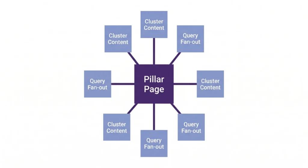 Wektorowy schemat architektury Topic Cluster w SEO, pokazujący Pillar Page połączony z artykułami pobocznymi (Cluster Content).