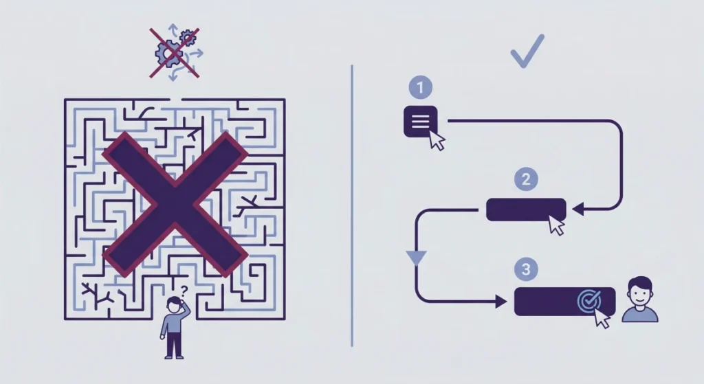 Zasada 3 kliknięć na stronie B2B. Schemat porównujący skomplikowane menu w formie labiryntu z prostą ścieżką prowadzącą klienta do zapytania ofertowego.