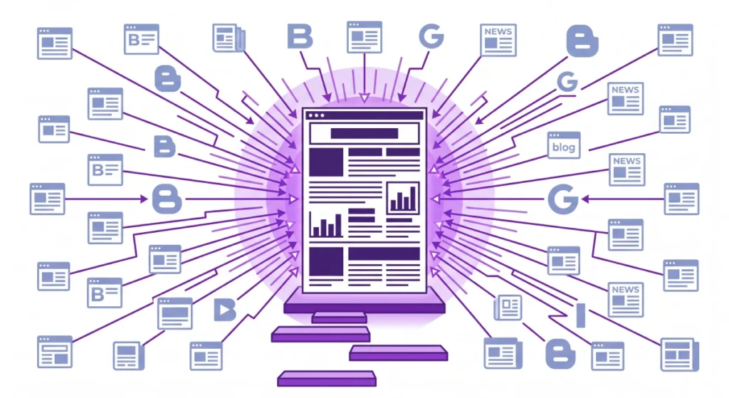 Minimalistyczna infografika biznesowa pokazująca linki przychodzące (backlinki) jako głosy zaufania dla artykułu eksperckiego.