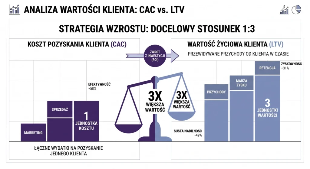 Wykres przedstawiający zdrowy stosunek wartości życiowej klienta LTV do kosztu jego pozyskania CAC w firmie B2B