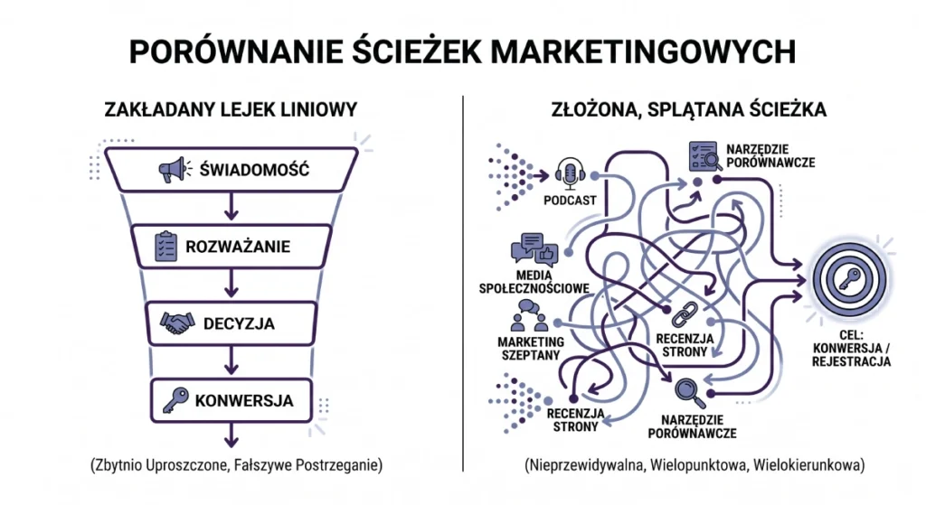 Porównanie naiwnego lejka liniowego z rzeczywistą, nieliniową ścieżką zakupową klienta B2B w modelu dark social.