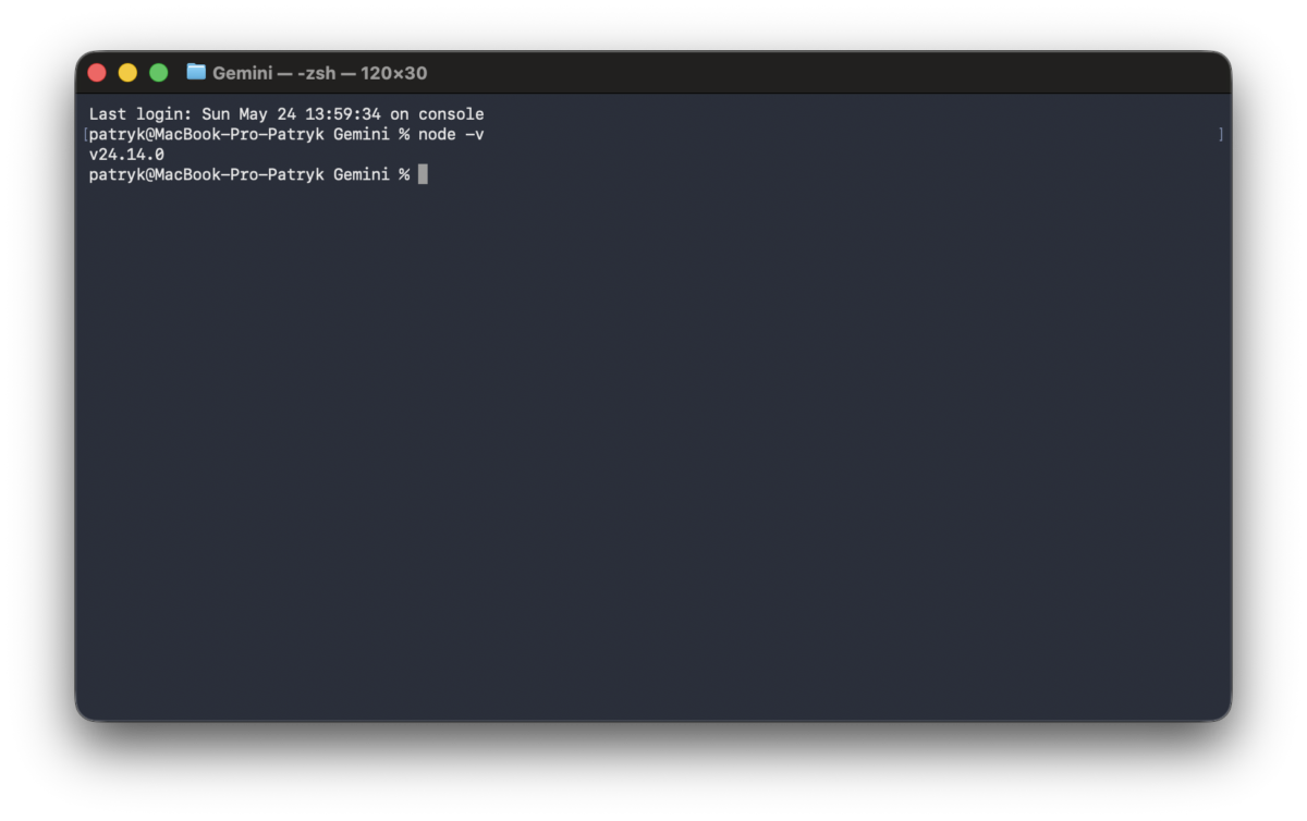 Terminal MacOS, w którym sprawdzam wersje Node-a