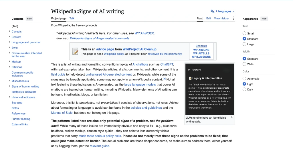 Screen artykułu z Wikipedii, który obrazuje jak AI najczęściej pisze swoje fałszywe, nieweryfikowane artykuły
