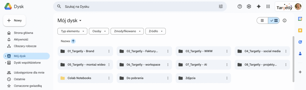 Uporządkowane pliki marki na dysku Google - brand kit