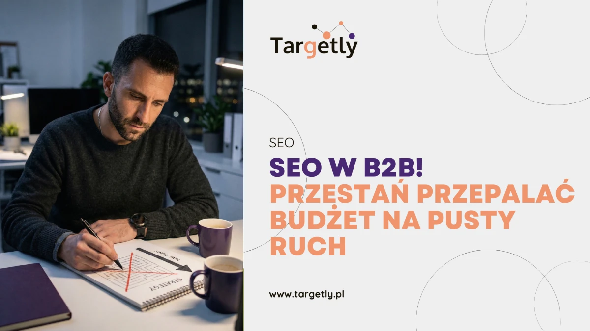 Mężczyzna w biurze (Patryk z Targetly) projektujący prostą strategię marketingową w b2b i przekreślający skomplikowany labirynt na kartce. Koncepcja upraszczania architektury strony B2B pod SEO.
