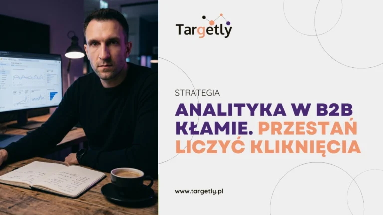 Zmęczony marketer B2B analizujący notatki na tle skomplikowanych i nieczytelnych wykresów w Google Analytics 4