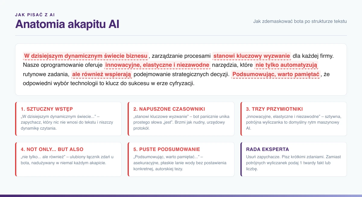 Schemat rozbioru akapitu napisanego przez AI ze wskazaniem błędów i chatbotowego stylu