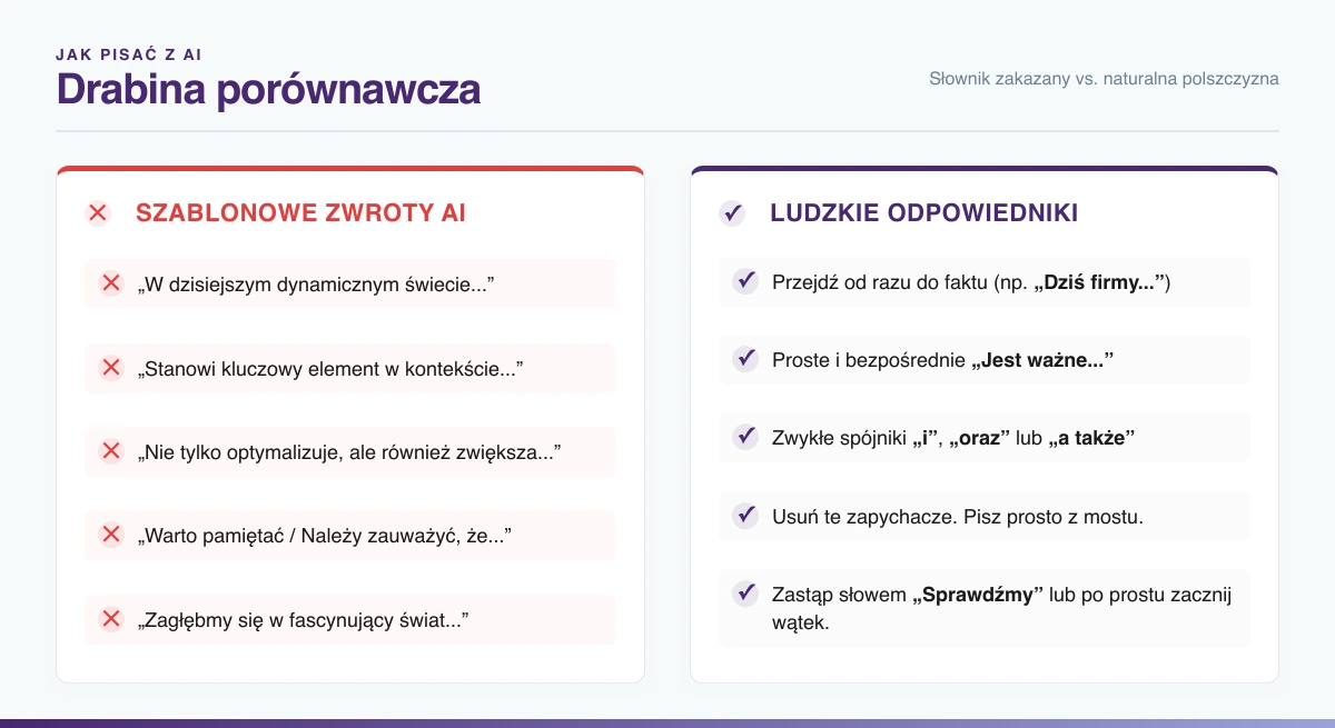 Tabela porównawcza zwrotów typowych dla AI i ich prostych, ludzkich odpowiedników w języku polskim