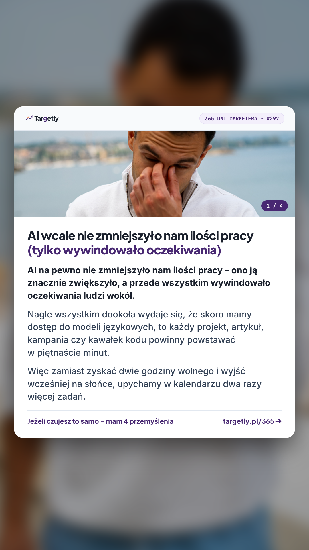 Relacja Instagram Stories 1080x1920px wygenerowana w HTML i CSS ze zdjęciem autora i tekstem newslettera 365 Dni Marketera