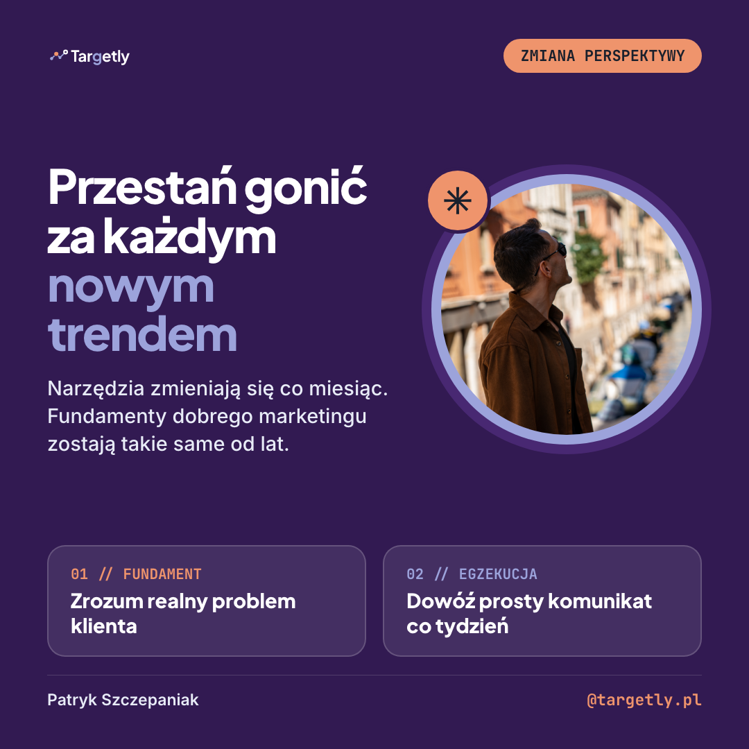 Ciemna grafika kwadratowa 1080x1080px wygenerowana w HTML i CSS ze zdjęciem autora w okrągłej ramce i dwoma wnioskami na dole