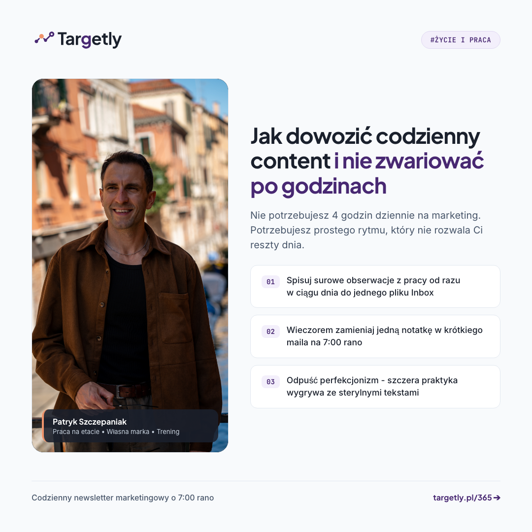 Kwadratowy post 1080x1080px wygenerowany w HTML i CSS łączący zdjęcie i trzy ponumerowane punkty