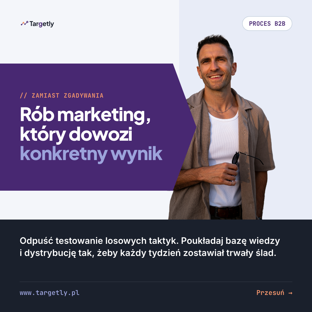 Grafika kwadratowa 1080x1080px wygenerowana w HTML i CSS z wyciętym zdjęciem autora na fioletowym geometrycznym tle