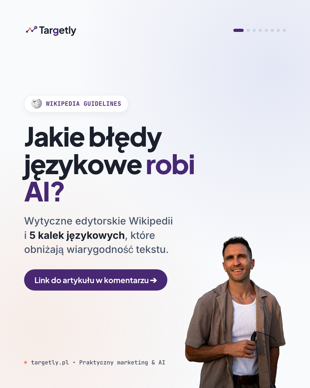 Okładka karuzeli na LinkedIn ze zdjęciem postaci wygenerowana w HTML i CSS w nowym brandingu Targetly 2026