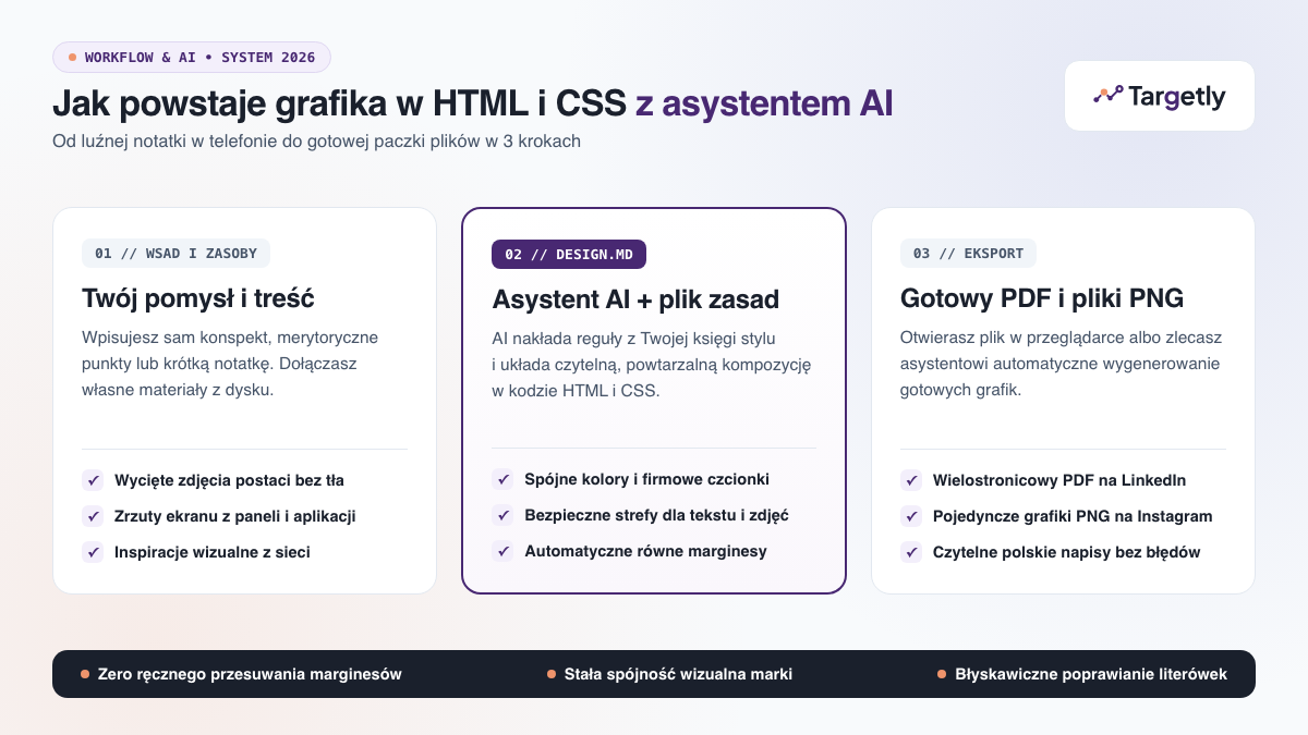 Schemat procesu tworzenia grafik w HTML i CSS z asystentem AI w nowym brandingu Targetly 2026